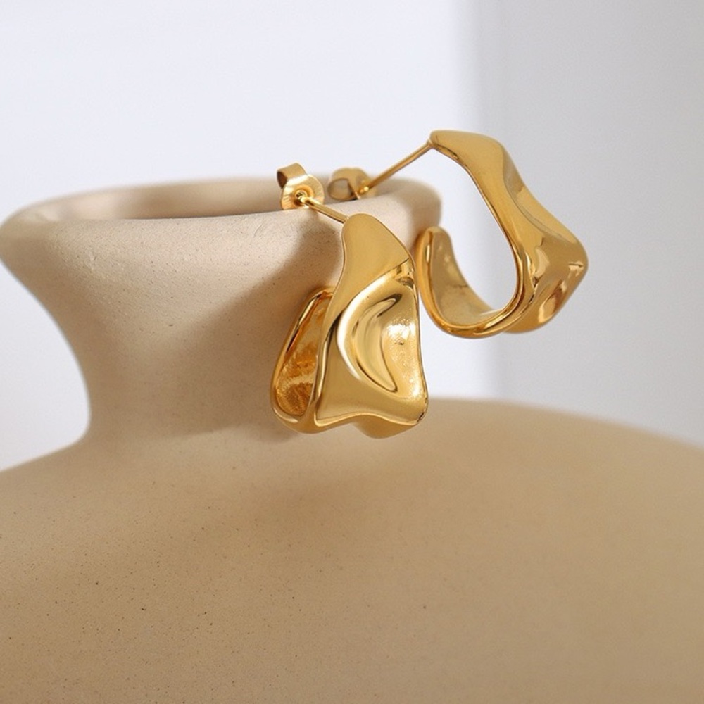 18K Gold Plated Huggie Earrings*Teardrop Asymmetrical Wave Minimalist Design*ML
